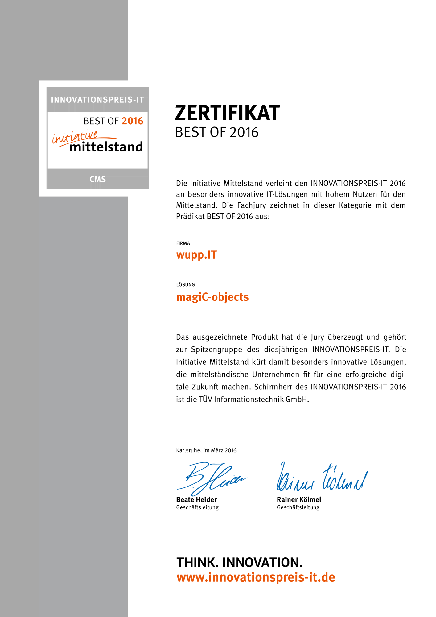 Zertifikat vom Innovationspreis-IT 2016 fr unser Produkt magiC-objects